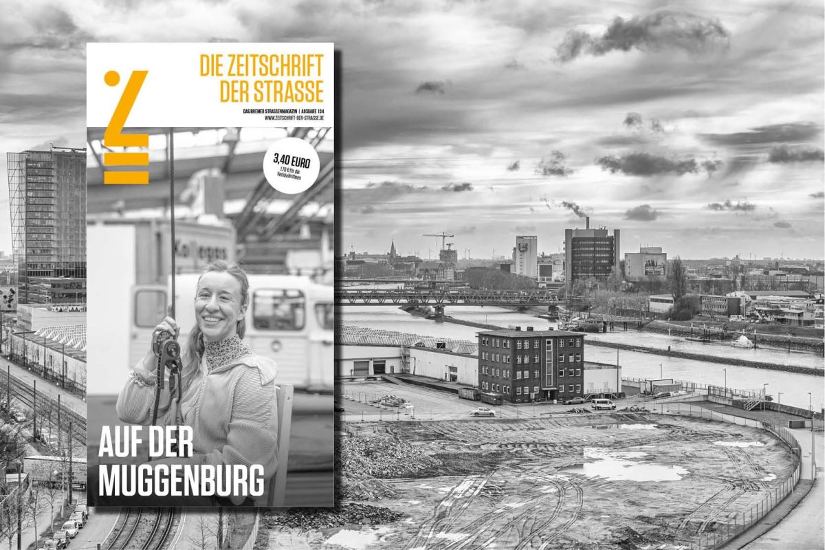 Schwarz-wei&szlig;e Panoramaaufnahme einer Stadtlandschaft mit Fluss und Br&uuml;cken im Hintergrund und einem Magazincover mit der &Uuml;berschrift 'Auf der Muggenburg' im Vordergrund