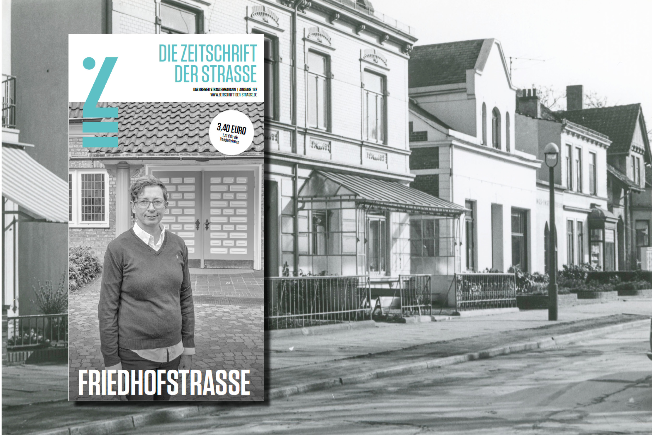 Ausgabe 37 der Zeitschrift der Straße zeigt eine Pastorin vor einem normale Wohnhaus in der Friedhofstraße.